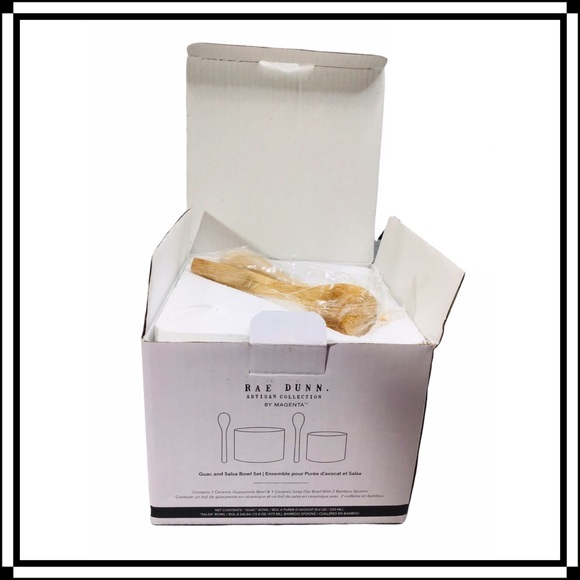 Rae Dunn SALSA & GUACAMOLE Serving Bowl Set + 2 Wooden Spoons NIB - Picture 6 of 10